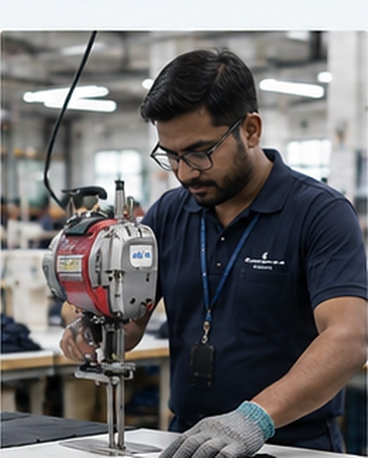 Worker operating a straight-knife cutting machine on layered fabric