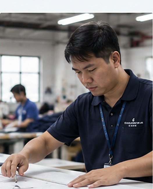 Quality team member inspecting folded fabric for defects