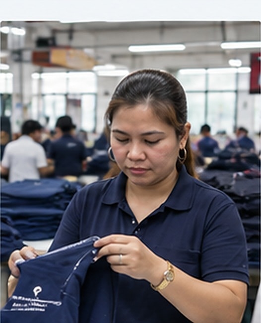 Quality team member folding a finished garment during final inspection