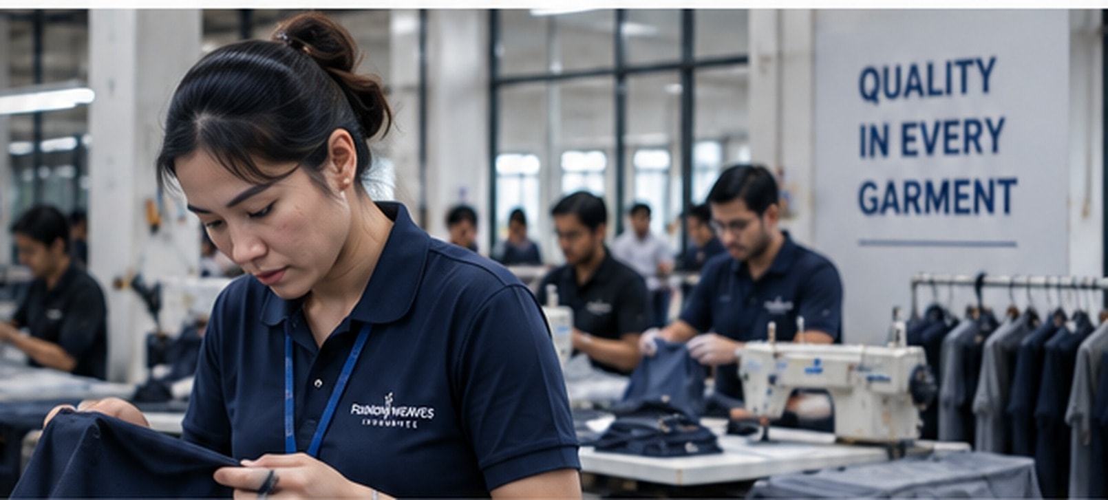 Quality control team member inspecting a finished garment on the Fashion Weaves Garments production floor