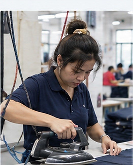 Worker steam-pressing a garment before packaging