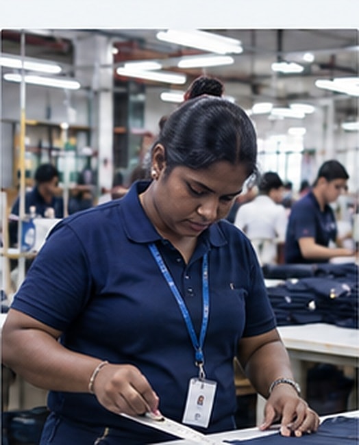 Worker pressing a finished garment panel