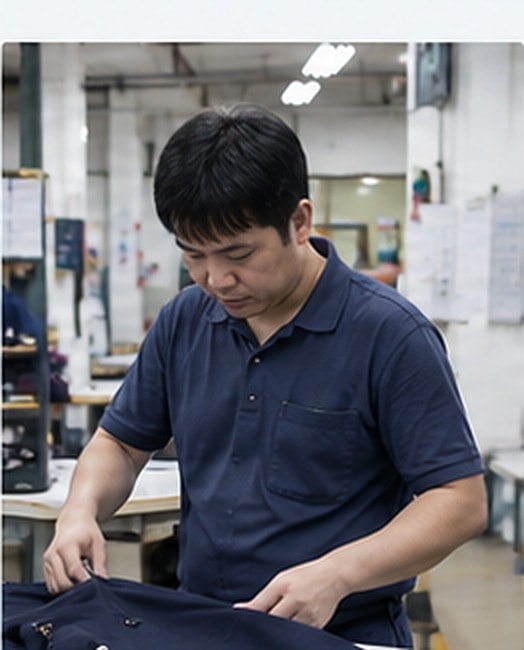 Worker examining a cut garment panel at a production table