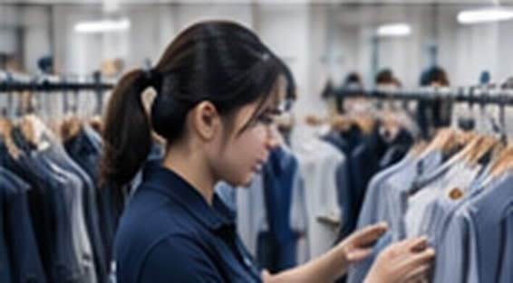 Quality control team member checking garments on a rack during production