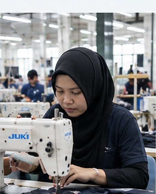 Worker operating an industrial sewing machine