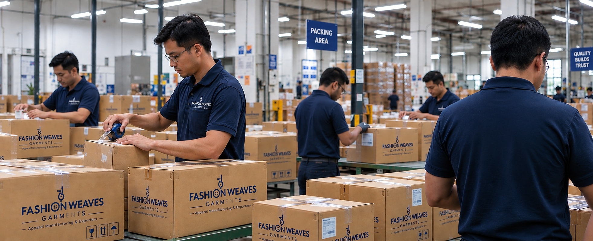 Warehouse team members packing Fashion Weaves Garments export cartons in the packing area