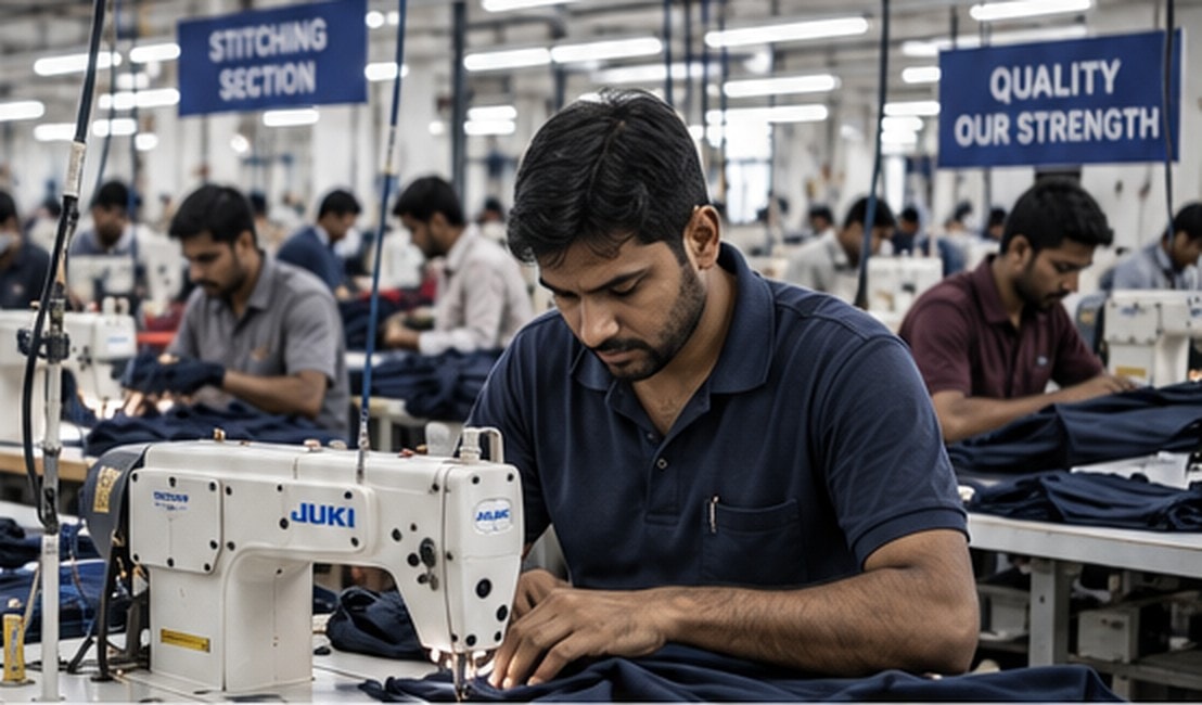 Skilled garment workers stitching apparel on industrial sewing machines at the Fashion Weaves Garments production facility