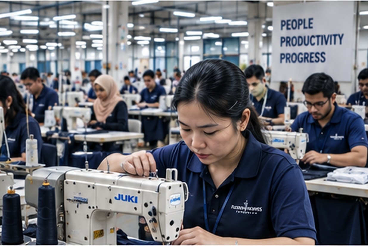 Fashion Weaves Garments production floor with multiple adult workers operating industrial sewing machines