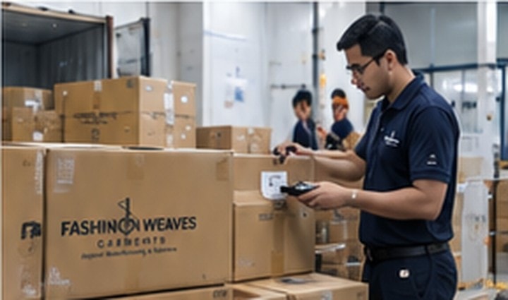 Warehouse staff member scanning and labelling apparel cartons before shipment