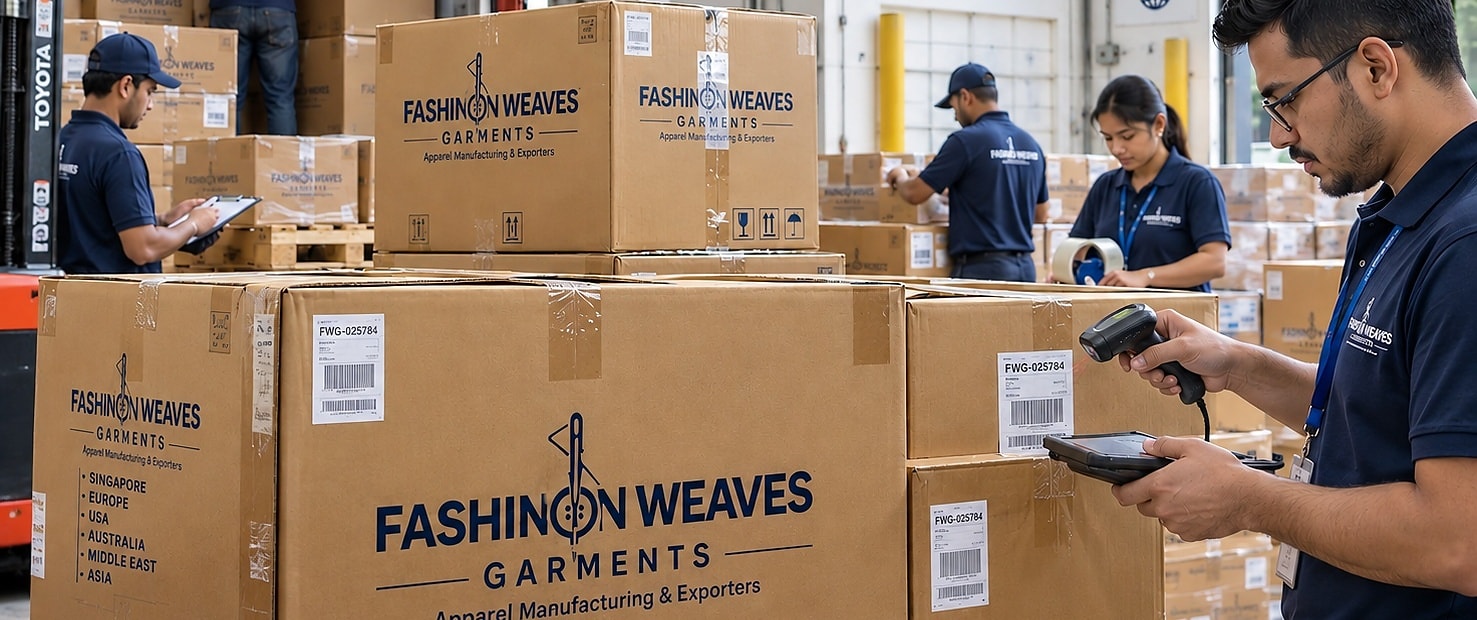Multiple Fashion Weaves Garments employees folding, bagging and packing finished apparel for shipment