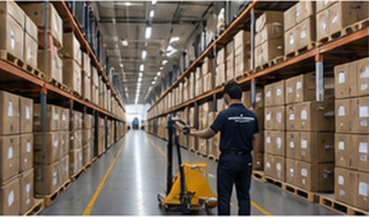 Warehouse worker moving palletised apparel cartons with a pallet jack, ready for dispatch