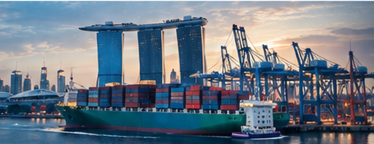 Container ship, port cranes and the Singapore skyline representing Fashion Weaves Garments' international export logistics