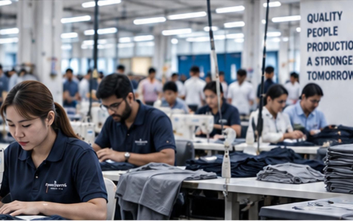 Fashion Weaves Garments team of adult garment production workers stitching apparel on the factory floor