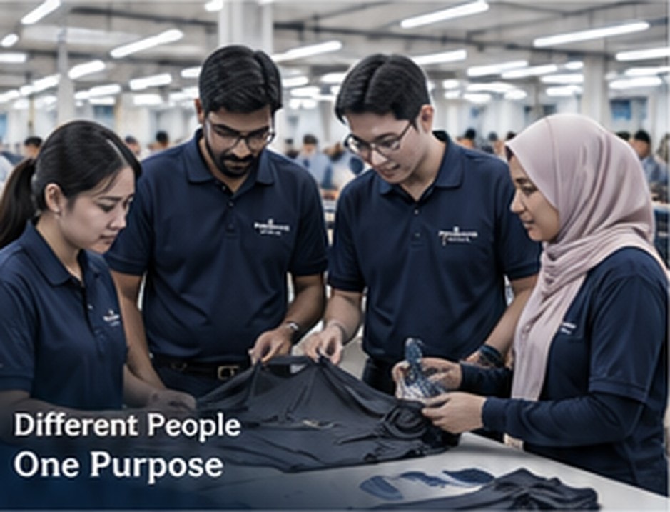 A diverse group of Fashion Weaves Garments employees reviewing a finished garment together