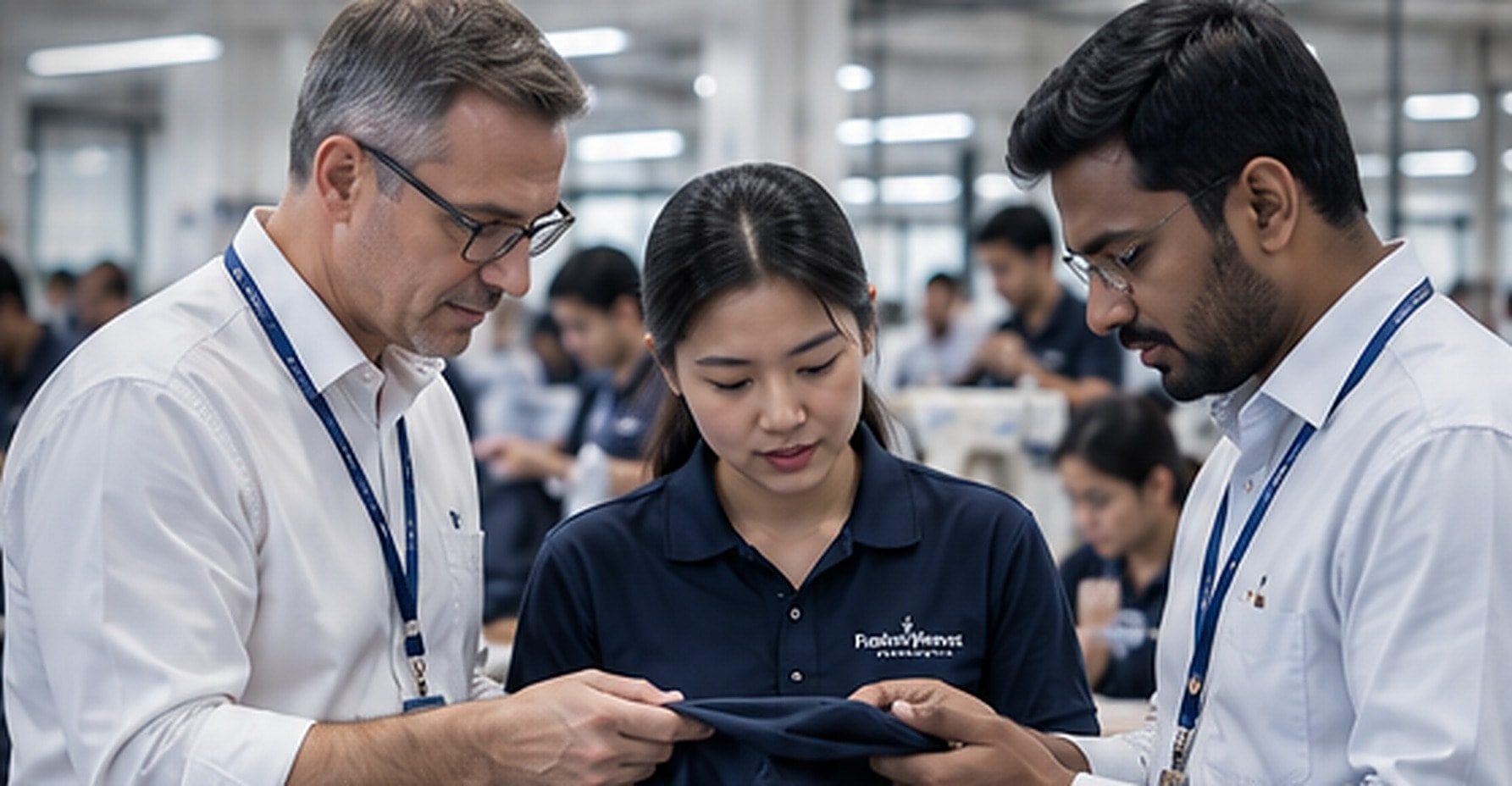 Fashion Weaves Garments team members reviewing a fabric sample together on the production floor
