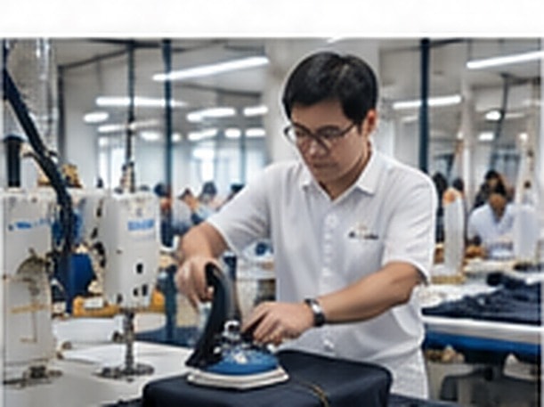 Worker pressing a finished garment