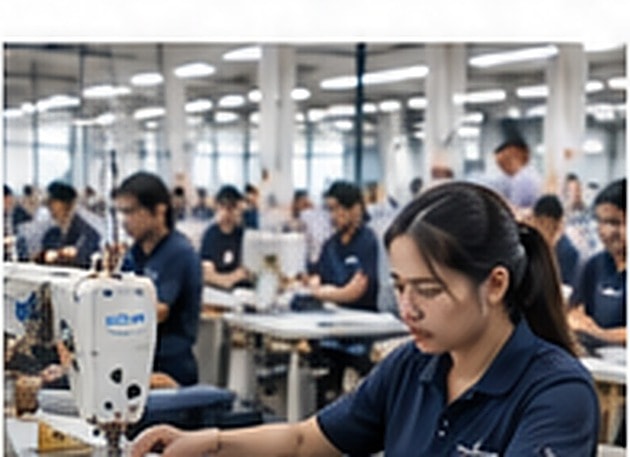 Workers operating industrial sewing machines on the production floor