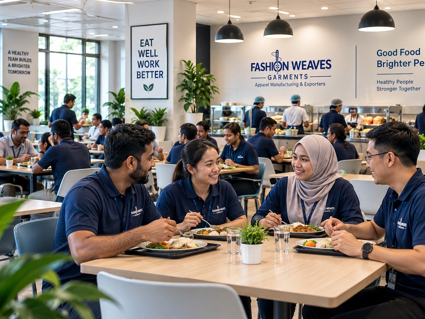 Staff members having a meal together in the cafeteria