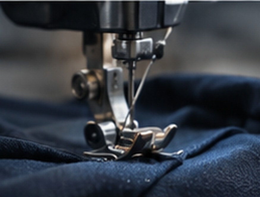 Close-up of an industrial sewing machine stitching dark fabric