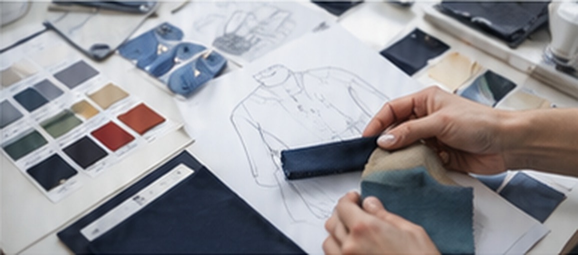 Designer selecting fabric swatches alongside a technical garment sketch for custom apparel development