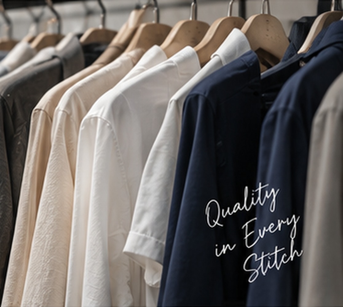 Rack of finished apparel in neutral tones ready for shipment at Fashion Weaves Garments